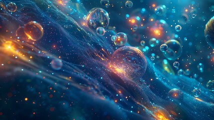 Abstract cosmic landscape with glowing bubbles and particles