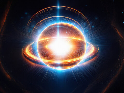 A radiant orb glows intensely, surrounded by bright blue and orange energy bursts against a black backdrop.  The light emanates outwards, creating a dazzling spectacle.