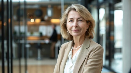 Professional woman in business attire at modern office environment