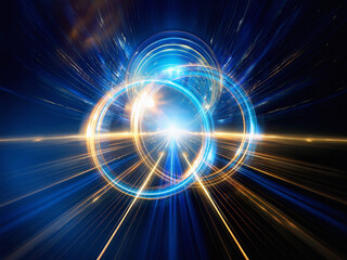 Fototapeta premium Intertwined luminous rings, one blue, one gold, glow brightly against a dark background. The light creates a radiant, almost ethereal effect.