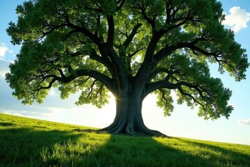 Obraz premium Underneath a towering oak tree its massive trunk rises like a monolith casting long ominous shadows, solitude, desolate