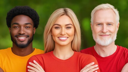 Obraz premium Diverse Group of Friends Smiling in Nature with Lush Green Background