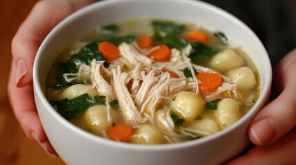 Turkey Neck Soup Day Bowl of chicken gnocchi soup with carrots and spinach