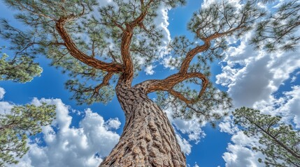 Obraz premium Majestic pine tree reaching towards a vibrant blue sky, adorned with fluffy white clouds. A breathtaking view from below.