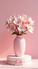 Naklejka premium Delicate Pink Blossoms in a Pastel Vase, Gracefully Adorned with a Ribbon on a Pedestal