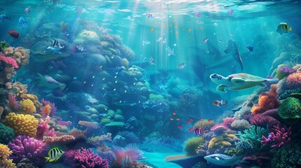 Underwater Scene with Coral Reef and Diverse Marine Life