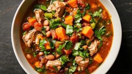 Hearty chicken and bean stew with sweet potatoes and fresh cilantro in a bowl