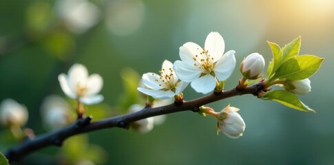 Obraz premium Unripe white flowers slowly begin to bloom on a branch, blossom, blossoming, nature