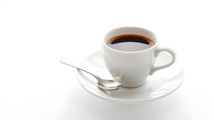 Cup of coffee, saucer and spoon in air on white background. Generative AI