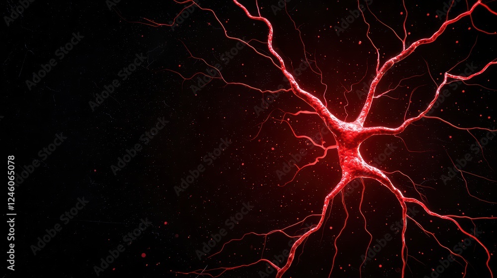 Poster red neuron on dark background representing neural activity and connections