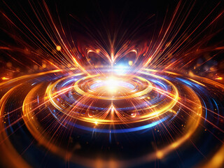 Obraz premium Intricate fiery orange and red light streaks converge at a bright central point, creating a symmetrical, almost butterfly-like pattern against a black background. The image evokes feelings of energy 