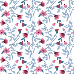 Hand-block floral decorative seamless pattern in pink and blue. Indian traditional ethnic Jaipur Bagru prints perfect for textiles, home furnishings, fashion, wallpaper, stationery, and more. © sudevi
