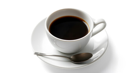 Cup of coffee, saucer and spoon in air on white background. Generative AI
