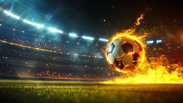 Flaming soccer ball stadium night game action (1)