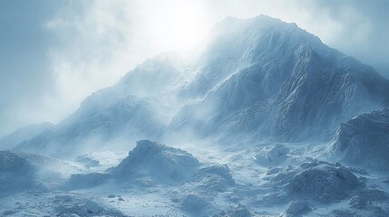 Snowy mountain range, sunlit peak, winter landscape, cold climate, nature background