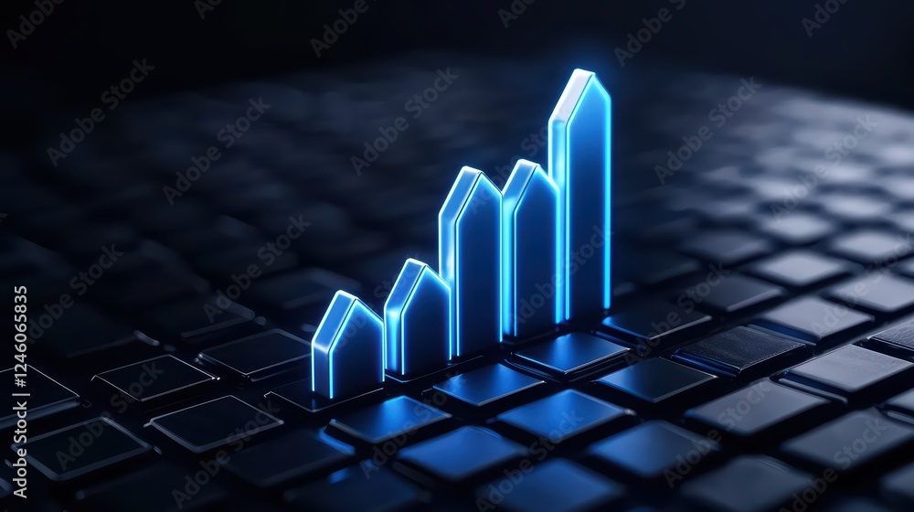 Poster blue neon data graph rising on keyboard background for technology themes