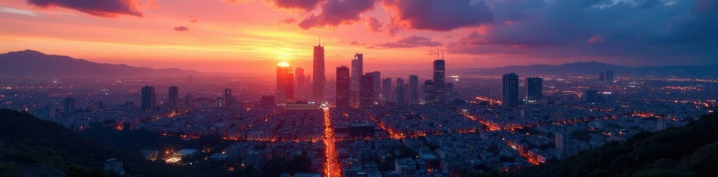 Vista panor?mica de la ciudad con torres y edificios iluminados al atardecer, luz, ciudad