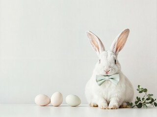 Obraz premium Elegant and soft AI-generated Easter images featuring white bunnies with pastel-colored eggs