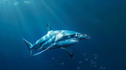 Fototapeta premium Majestic Hammerhead Shark Underwater in Deep Blue Ocean Sunlight