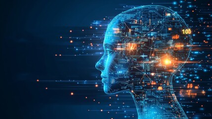 Fototapeta premium Artificial Intelligence. Human head with glowing circuitry and data, blue background.
