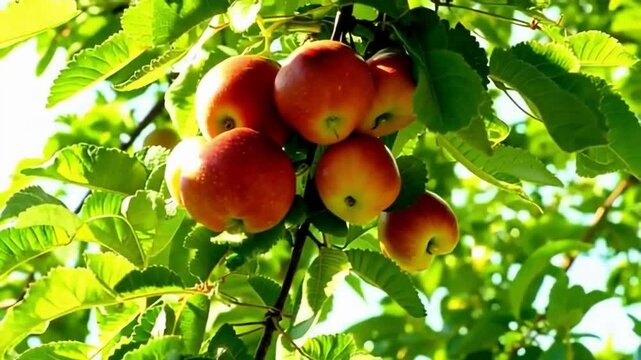 A close-up view of ripe, red apples hanging from a tree branch, surrounded by lush green leaves. Sunlight filters through, highlighting the apples' glossy skin and rich color