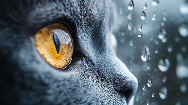 Close-up of a gray cat’s intense golden eyes gazing through a rain-covered window, with raindrops in sharp detail