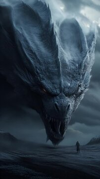 A large dragon with red eyes and a mouth open wide. The dragon is surrounded by a dark sky and a person is standing in the background