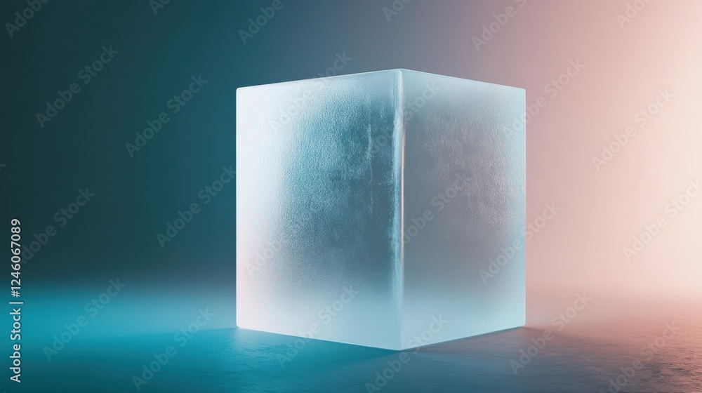 Poster illuminated frosted glass cube with gradient lighting and shadow effects