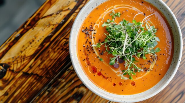 Hearty tomato soup with microgreens and drizzle on wooden table