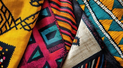 Colorful geometric african fabrics with intricate tribal patterns and textures