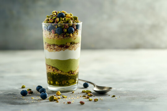 Delicious pistachio and yogurt parfait layered with nuts and berries for a refreshing dessert