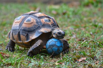 Obraz premium Two tortoises playing with a soccer ball on a grassy area surrounded by autumn foliage in a warm afternoon light