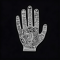 Ancient Hispanic petroglyph of a hand. Flat, 2D vector design. Minimalist yet bold, strong and simple geometric lines, historical engraving style.