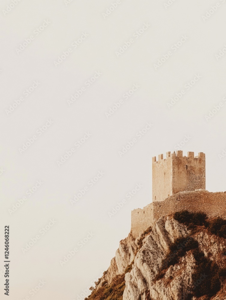 Poster minimalist depiction of an ancient castle perched on a hilltop with clear sky and ample space for te