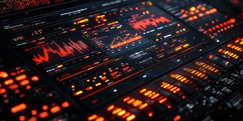 Futuristic technology control panel with data visualization and analytics interface