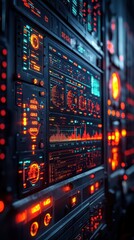 Obraz premium Futuristic technology and data center with digital interface and glowing orange displays