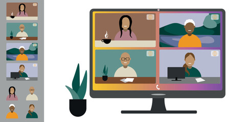 Video call conference, working from home. Colleagues of different nationalities and ages talk to each other on computer screen. Isolated illustration on white background in flat style trendy colors