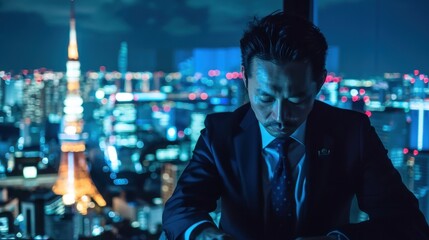 Fototapeta premium Businessman contemplating in cityscape at night with tokyo skyline