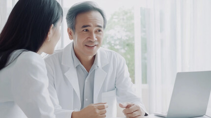 Obraz premium A real estate agent holding a house model discusses home buying with clients. A professional and engaging concept ideal for real estate, investment, and property-related designs.