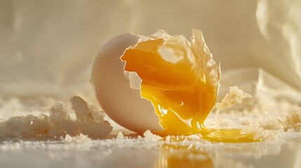 A broken egg laid flat on a surface, its yolk spilling out in a smooth curve, and fragments of the eggshell scattered around. The clean, soft lighting highlights the texture of the egg white and the
