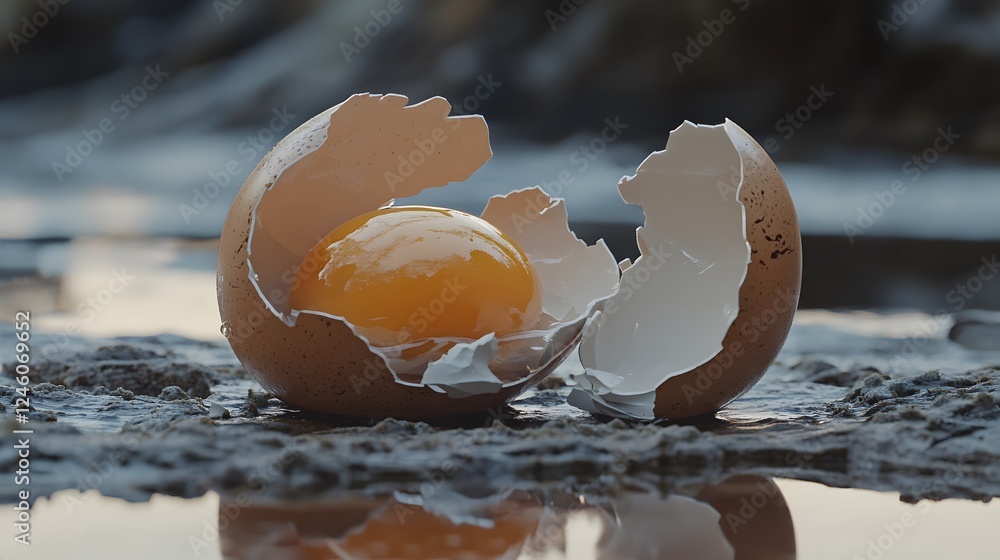 Poster a broken egg, with the yolk intact but surrounded by the broken shell pieces. the scene captures the