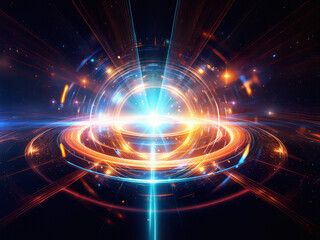 Obraz premium A vibrant cosmic scene unfolds, showcasing swirling orange and teal energy converging at a central point, radiating outwards into a starlit expanse. The image evokes feelings of wonder and power.