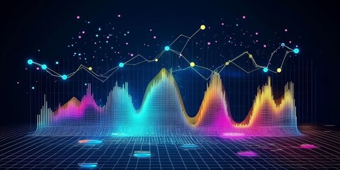 Financial Data Visualization With Glowing Chart. Modern Abstract Design On Dark Blue Background.
