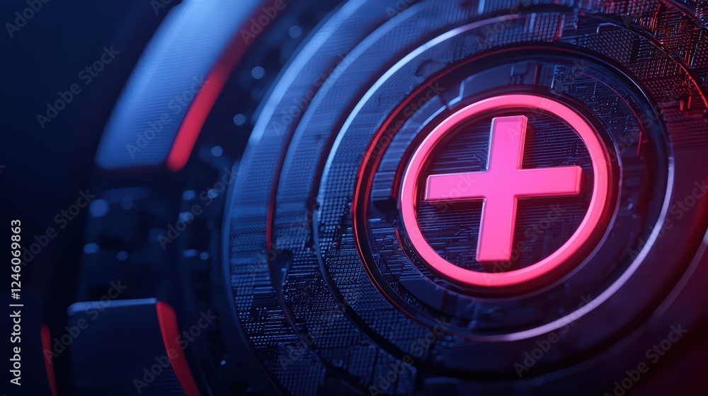 Poster abstract futuristic design with glowing plus symbol on dark background