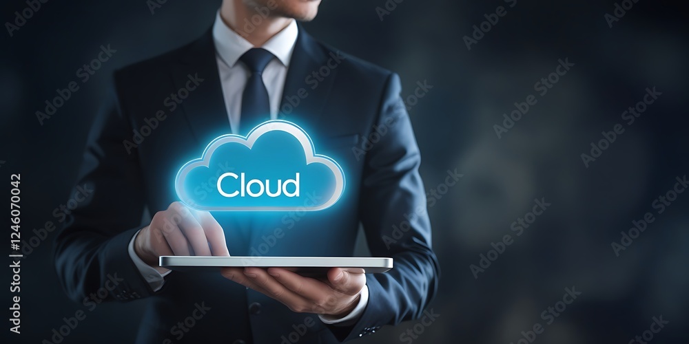 Aufkleber cloud computing concept, businessman uses tablet on cloud-based global networking, data storage, acc