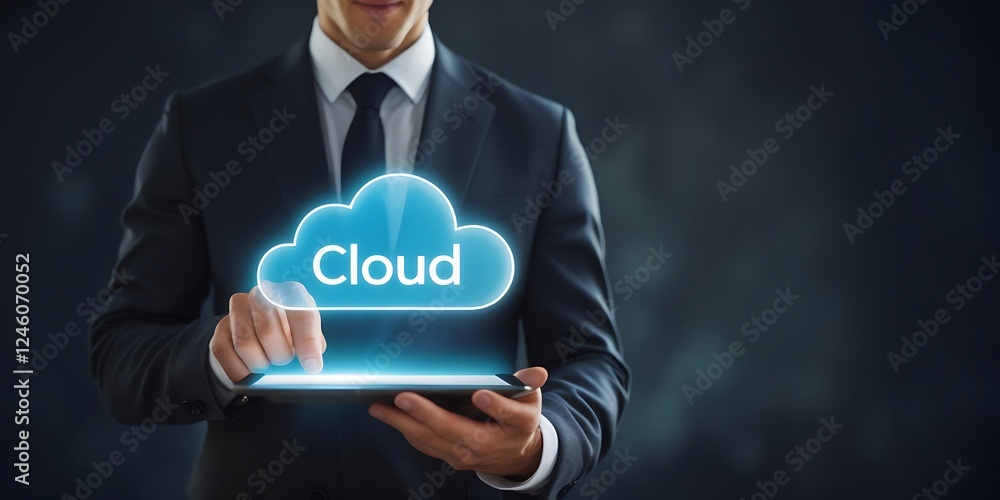 Poster cloud computing concept, businessman uses tablet on cloud-based global networking, data storage, acc