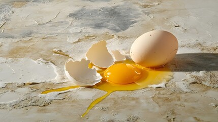 A broken egg laid flat on a surface, its yolk spilling out in a smooth curve, and fragments of the eggshell scattered around. The clean, soft lighting highlights the texture of the egg white and the
