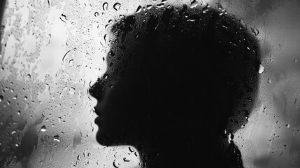 Silhouette of a person behind a rain-covered window, with dramatic raindrops creating a moody black and white scene