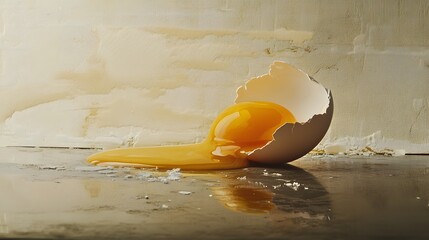 A broken egg laid flat on a surface, its yolk spilling out in a smooth curve, and fragments of the eggshell scattered around. The clean, soft lighting highlights the texture of the egg white and the