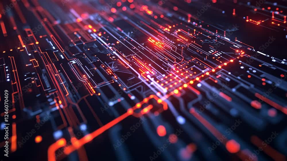 Aufkleber futuristic circuit board with glowing red and blue data flow in motion